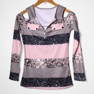 Womens Off Shoulder Long Sleeve Top Pink Gray Mixed Media Print Striped Zipper S